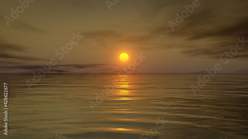 A warm sunset over the ocean water. 3D illustration