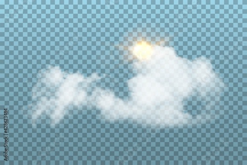Clouds with sun in sky on blue transparent background. Realistic fluffy white clouds and sunshine vector illustration. Sunny and cloudy day in summer or spring, nature outdoor.