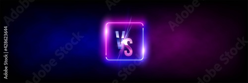 Versus VS sign in neon square frame in fog background. Laser glowing pink and blue lines with soft light effect. Vector illustration of realistic mockup, template for game design, retrowave style.