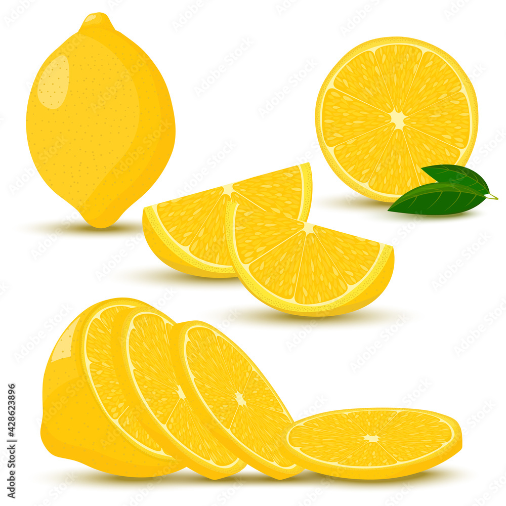 Set of lemons. A whole lemon, half, a piece and a slice of lemon. Fruit isolated on a white background. Stock vector illustration in cartoon style, flat design