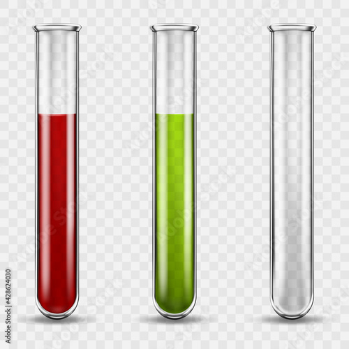 Transparent medical glass tube set, colored liquids in test tubes, blood in a glass test tube. Realistic 3d vector illustration on transparent background.