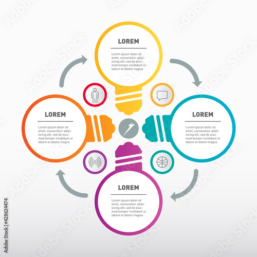 Web Template for circle diagram with stylized lamps. Business presentation concept with four options. Vector infographic of technology process. Part of the report including icons.