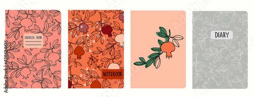 Cover page vector templates with pomegranate tree branches and fruit. Headers isolated and replaceable
