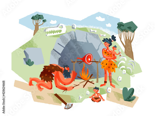 Caveman family preparing food on fire in Stone Age. Prehistoric ancient history vector illustration. Happy man, woman, small children together. Savage people outdoor in summer