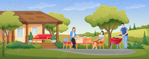 Fototapeta Naklejka Na Ścianę i Meble -  People having barbecue party outdoor scene. Friends grilling meat in summer vector illustration. Panoramic view of women and man outside house in nature cooking and eating
