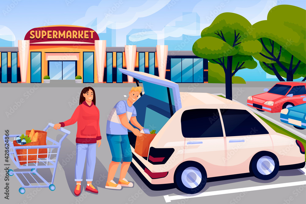Couple at parking lot near supermarket scene. Man loading groceries into trunk of car, woman with cart full of food vector illustration. Outdoor scene near store in summer