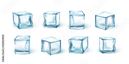 Blue ice cubes set. Cold frozen fresh water in square shape vector illustration. Four realistic crystal block pieces for cocktails, refrigerator on white horizontal background