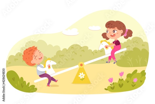 Children playing on swing in park, playground or backyard. Happy kids doing outdoor summer activities vector illustration. Boy and girl sitting on swings, having fun in nature