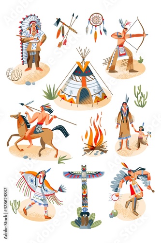 Wild west indian american characters and objects set. Western native people, wigwam, weapon and fire vector illustration. Young men and women, child isolated on white background