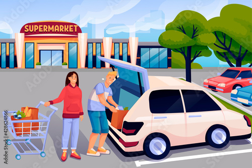Fototapeta Naklejka Na Ścianę i Meble -  Couple at parking lot near supermarket scene. Man loading groceries into trunk of car, woman with cart full of food vector illustration. Outdoor scene near store in summer