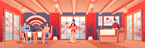 People in Japanese restaurant. Young man and woman sitting at table eating on date, chef cooking, waitress. Asian traditional cuisine with sushi vector illustration. Modern interior design