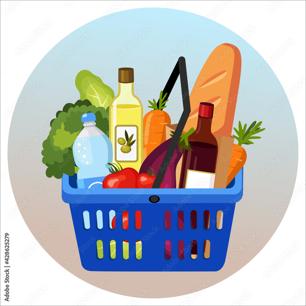 Food basket. Grocery purchase set. Supermarket. Shopping baskets with