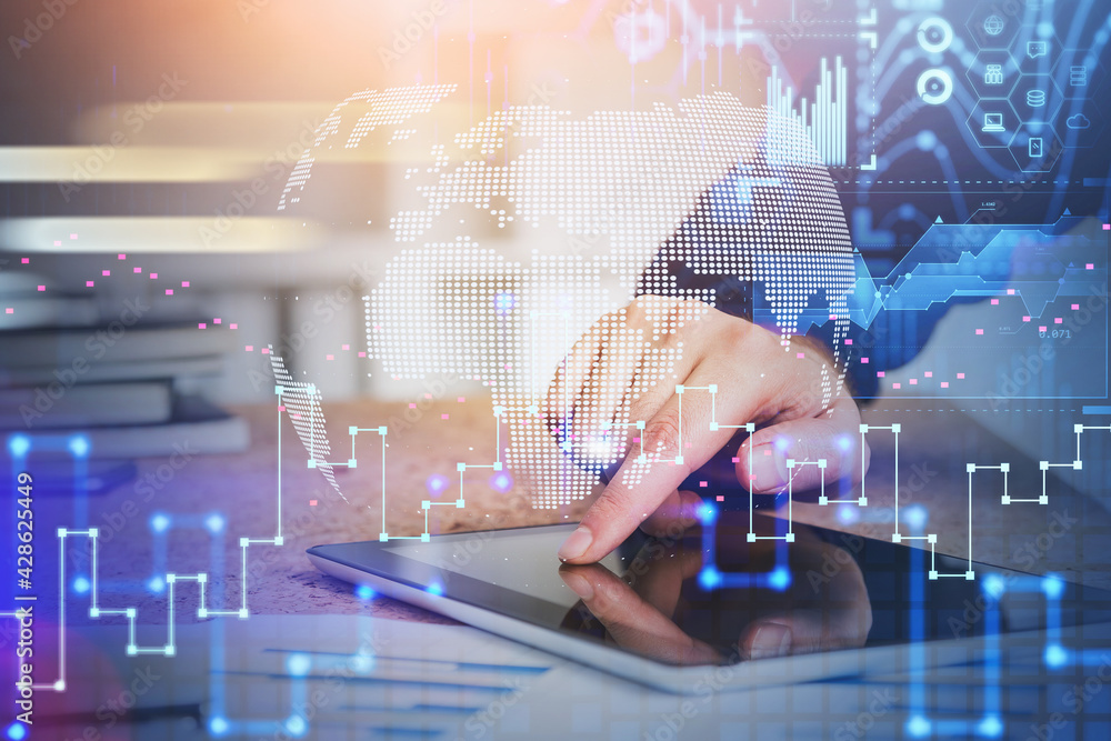Businessman hand working with tablet device touching the screen by finger. Digital security and data storage concept in business process. Charts and information icons flying in the air. Businessman hand working with tablet device touching the screen by finger. Digital security and data storage concept in business process. Charts and information icons flying in the air.