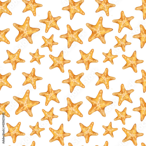 seamless pattern with watercolor marine objects, yellow starfish on a white background
