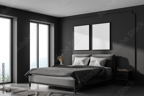 Grey bedroom interior with bed, linens and window, mockup posters