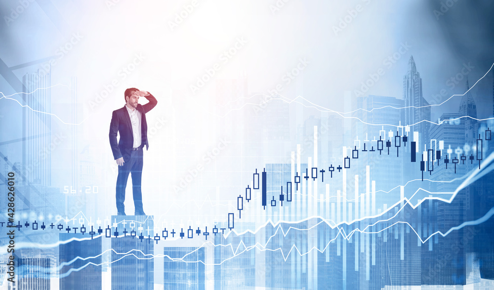 Businessman and graph changes lines and candlesticks with skyscrapers Businessman and graph changes lines and candlesticks with skyscrapers