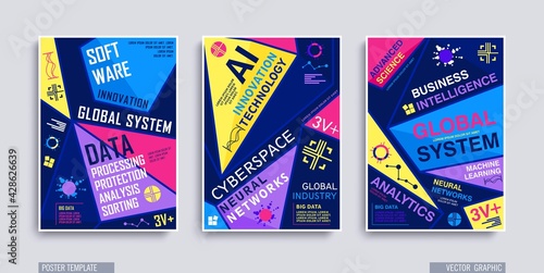 A4 poster template with geometric composition. Bright flat style shapes with typographics design. Trendy vector polygonal illustration