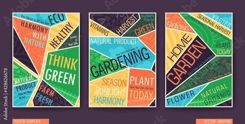 Gardening, Farming, Agriculture and Healthy Lifestyle Posters Set. A4 booklet template with typography composition. Vector banners