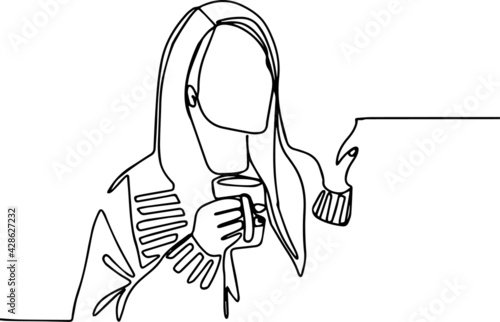 Self care,staying home. Young woman spending free time home minimal concept one line