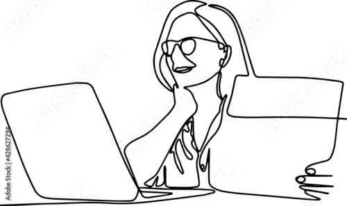 Happy old businesswoman hr holding cv interviewing distance applicant, senior seeker searching job online minimal concept one line