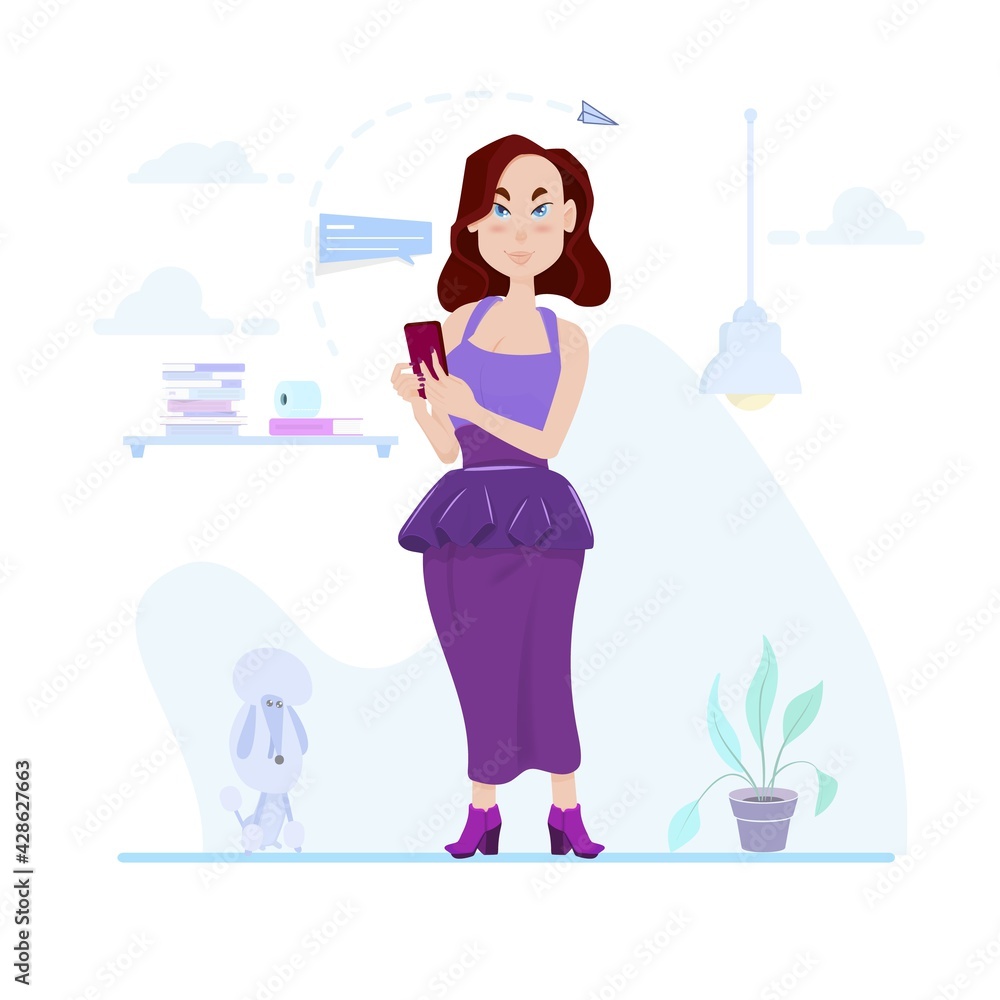 Girl holding a smartphone in her hands, on the background of the interior, cartoon character - flat style. Girl holding a smartphone in her hands, on the background of the interior, cartoon character - flat style.