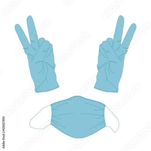 Medical mask and gloves sign of victory. Cartoon vector illustration isolated on white background. The concept of victory over disease and epidemics.