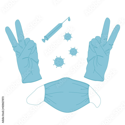 The concept of victory over diseases and epidemics with the help of vaccination. Medical mask syringe and gloves victory sign. Cartoon vector illustration isolated on white background.