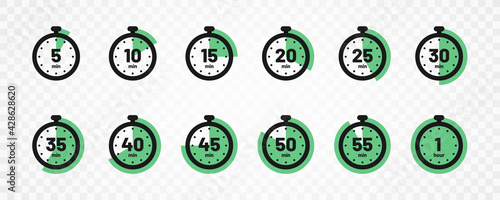 Set of timer and stopwatch icons. Kitchen timer icon with different minutes. Cooking time symbols and labels
