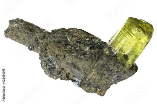 Fotografie anglesite crystal on matrix from Toussit Mine, Morocco isolated on white backgro