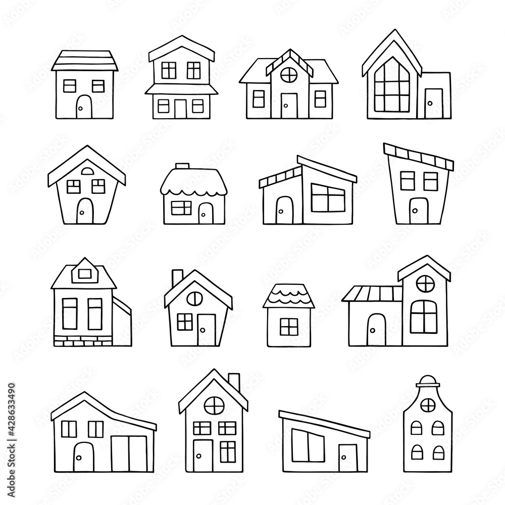 Collection of hand drawn home and houses. Doodle sketch style. Symbols cute buildings. Vector isolated outline illustration.