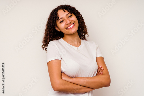 Young mixed race woman face closeup isolated on white background