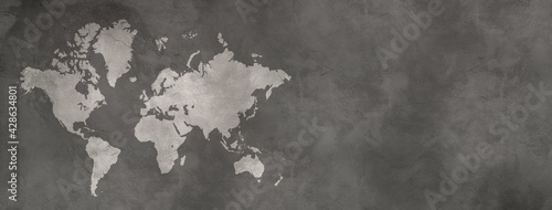 World map on black concrete wall background. Horizontal banner