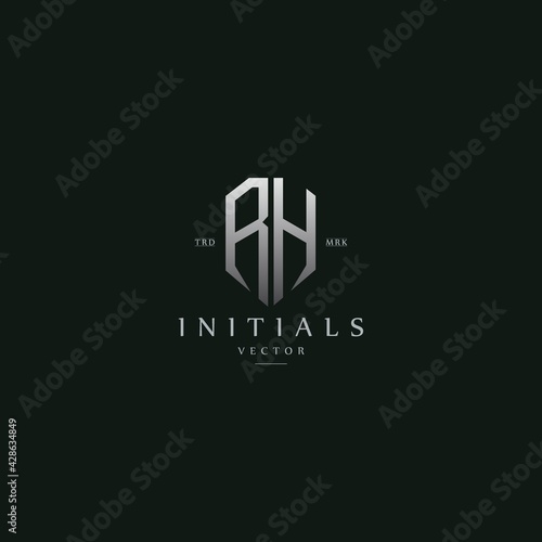classy RH vintage metal monogram logo. elegant silver initials icon premium vector design template