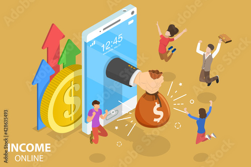 3D Isometric Flat Vector Conceptual Illustration of Online Income.