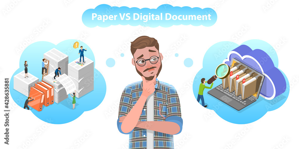 3D Isometric Flat Vector Conceptual Illustration of Paper VS Digital