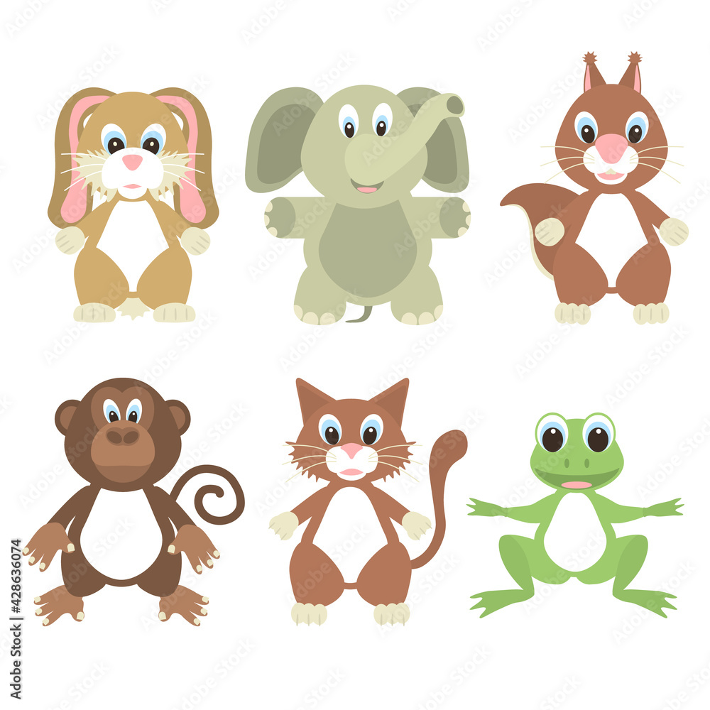 Fototapeta premium Animal set funny, rabbit, elephant, monkey, cat, frog, squirrel. Vector illustration.