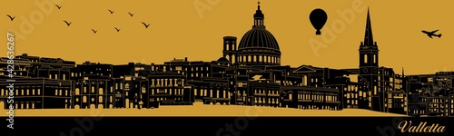 Vector city skyline silhouette - illustration, 
Town in gold background, 
Valletta Malta