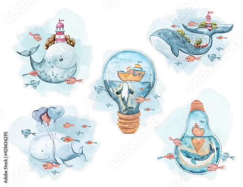 Watercolor cute whales and fish. Fairytale nursery Illustration on white background. Perfect for stcikers, patterns print, baby shower card, invitation, greeting card © Tiana_Geo