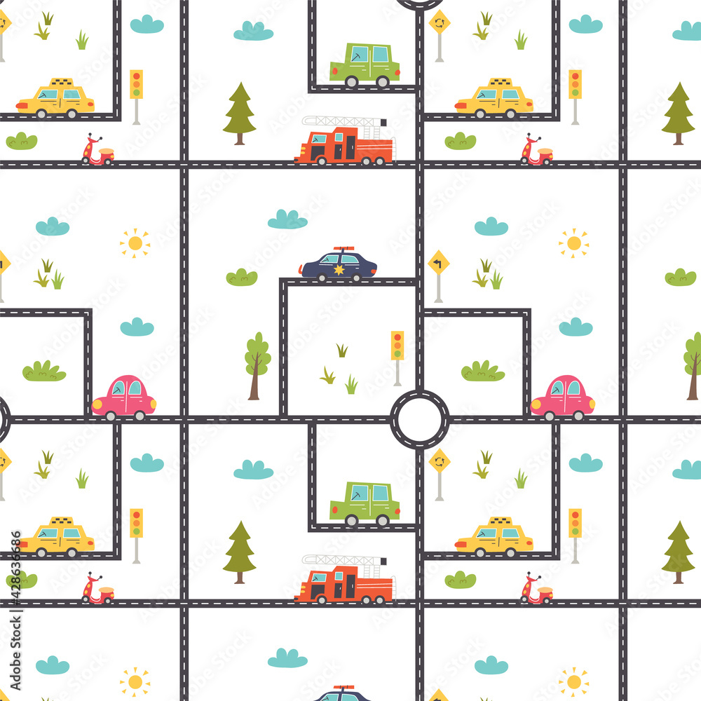 Paper Map In Car Pattern with a road map and cars. Nursery digital paper, vector hand ...