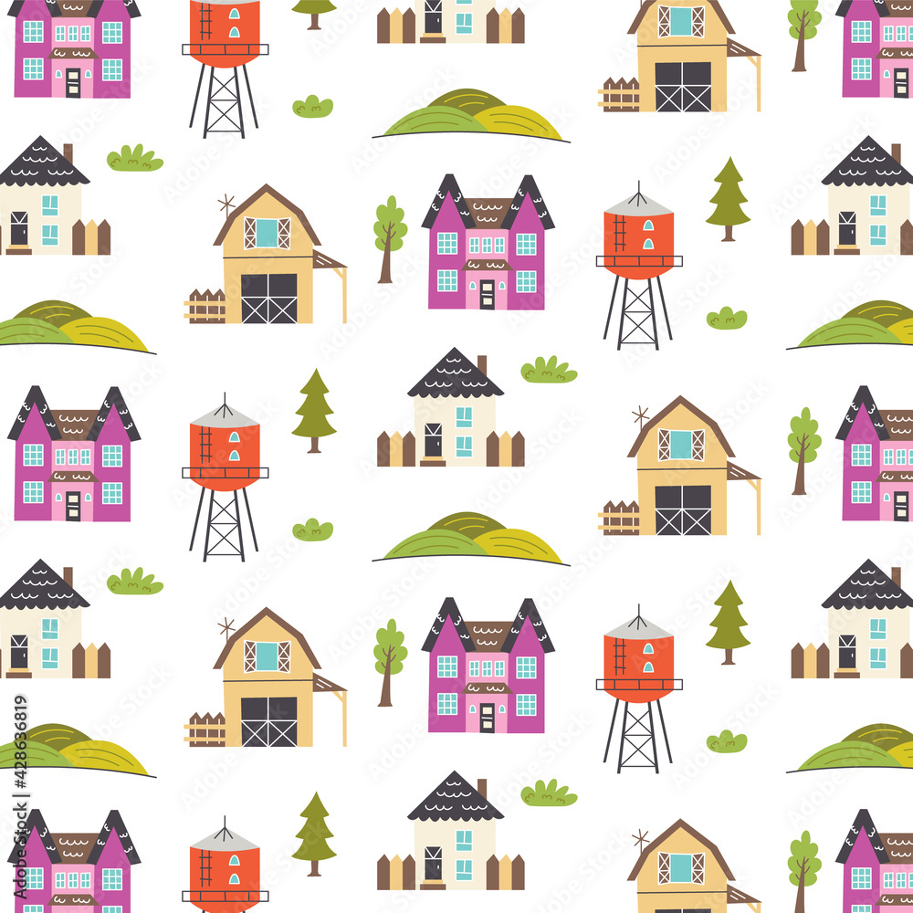 Pattern with houses, farm, trees. Nursery digital paper, vector hand drawn illustration