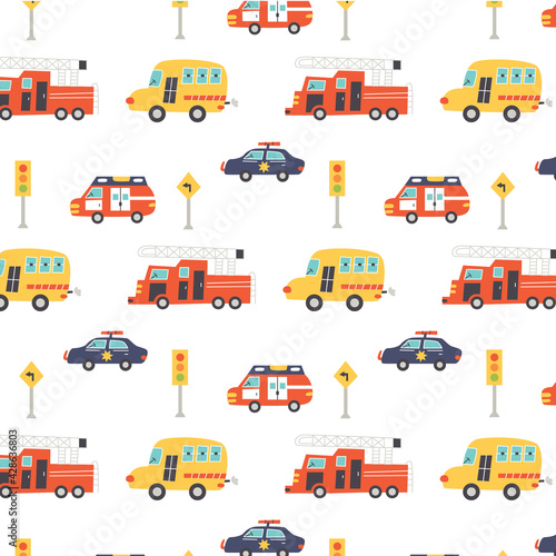 Pattern with fire truck, ambulance, police and road signs. Nursery digital paper, vector hand drawn illustration