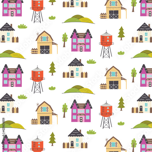 Fototapeta Naklejka Na Ścianę i Meble -  Pattern with houses, farm, trees. Nursery digital paper, vector hand drawn illustration