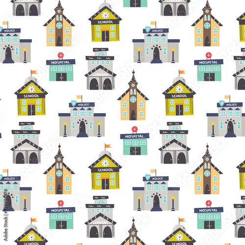 Pattern with public institutions school, hospital, church, library. Nursery digital paper, vector hand drawn illustration
