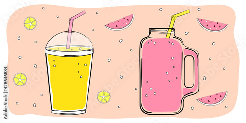 Summer cocktails. Watermelon and lemon soft drinks in different cups.