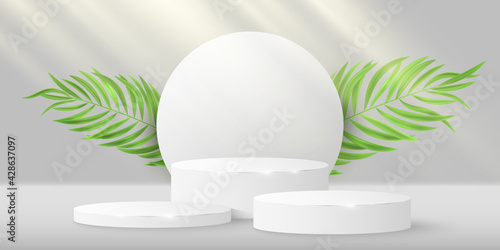 Tropical stylish pedestal and circle with palm leaf to display your cosmetic product. 3D vector cylinder stage for presentation. Sunbeam effect. Exotic mock up for summer sale.