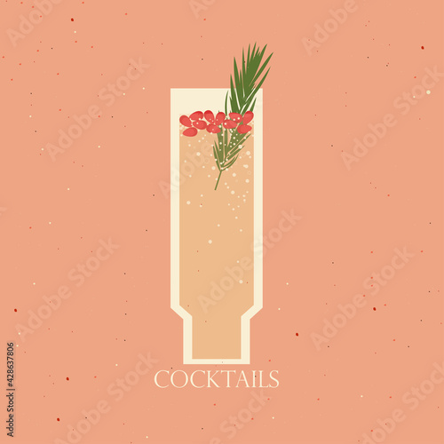 Cocktail in tall glass with Garnet and spruce branch. Vector illustration of cocktail drink. Design template for restaurant and bar, flyer cover
