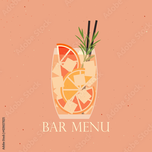 Cocktail in tall glass with grapefruit and orange slices. Vector illustration of soft drink. Bar menu cover. Summer cocktail with ice and two straws. Beverage decoration