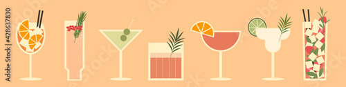 Set of cocktails. An illustration of classical drinks in different types of glasses. Vector illustration of summer cocktails. Banner with soft and alcohol drinks. photo