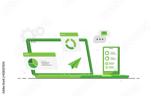 Laptop and phone with data analytics for marketing in flat design on white background. Green
