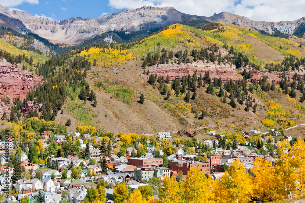 Autumn aerial view of Telluride in the San Juan mountains of southwestern Colorado, San Miguel County